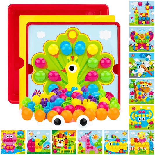 AluAbi Button Art Toys with pattern cards for creative problem-solving.