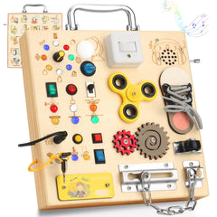 AMGAMGTS wooden busy board with LED light for engaging learning on the go.