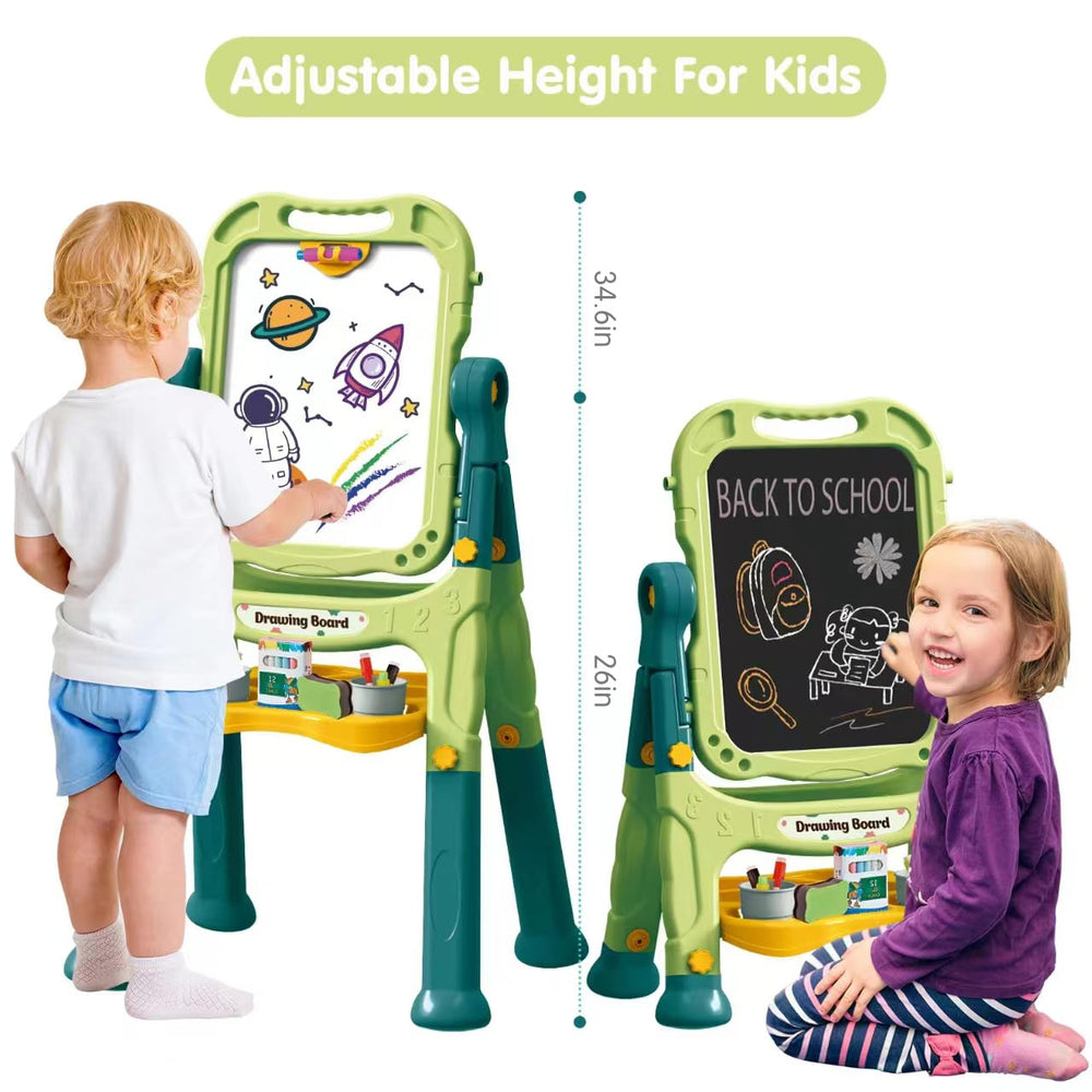 Amagoing easel shows 360-degree rotate and adjustable height for growing kids.