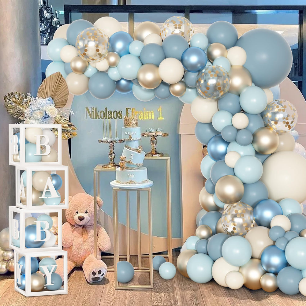 Amandir 5-inch balloons in dusty blue and champagne gold for delicate centerpiece touches.