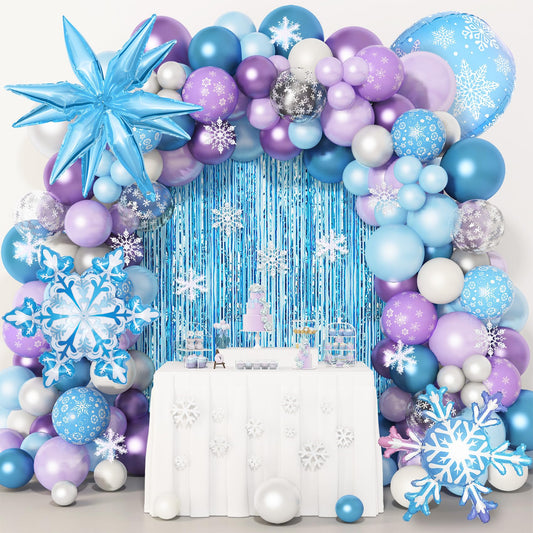 Amandir snow birthday arch kit creates a magical entrance with blue and purple balloons for photos