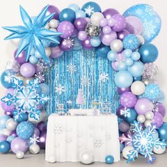 Amandir snow birthday arch kit creates a magical entrance with blue and purple balloons for photos
