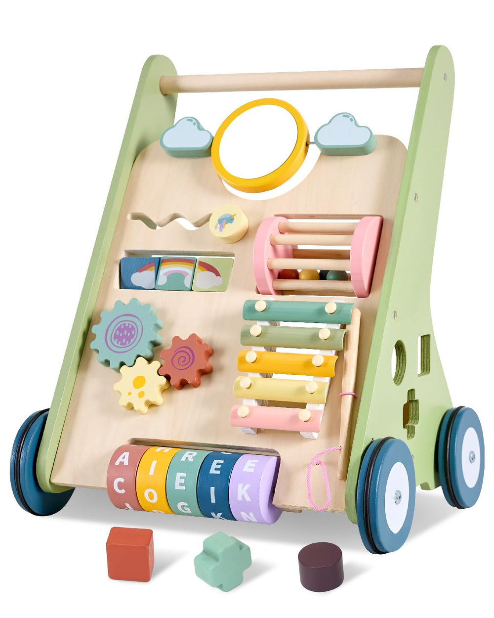 AmazingJoy 11-in-1 walker front view showing stable wide base for safe early steps