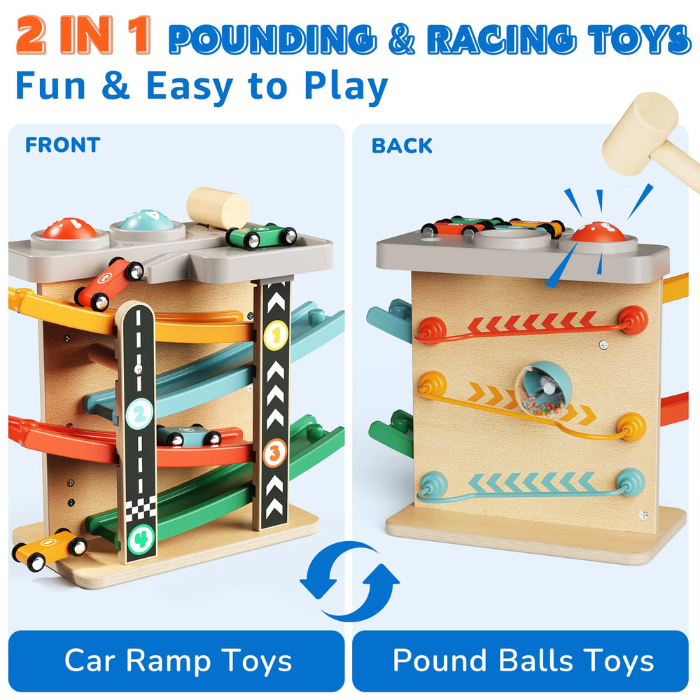 AmazingJoy wooden-car-ramp-track helps toddlers push cars along for tactile play.