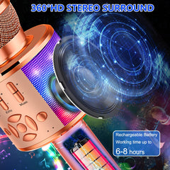Amazmic Kids Karaoke Microphone showing four voice change modes for fun effects