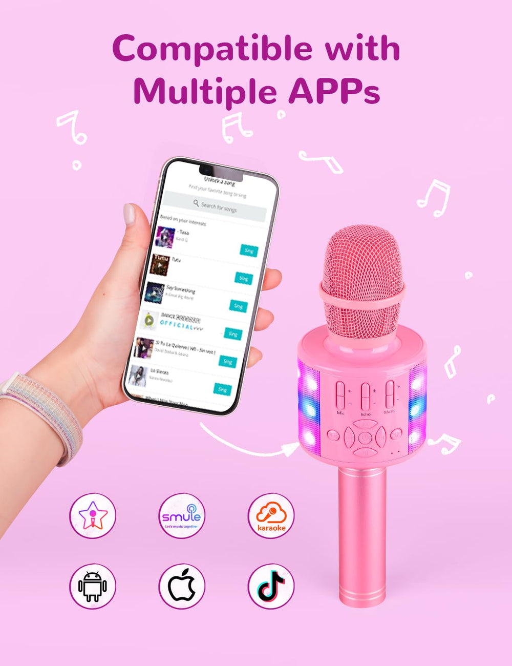 Amazmic wireless karaoke mic connects via Bluetooth for quick playback.