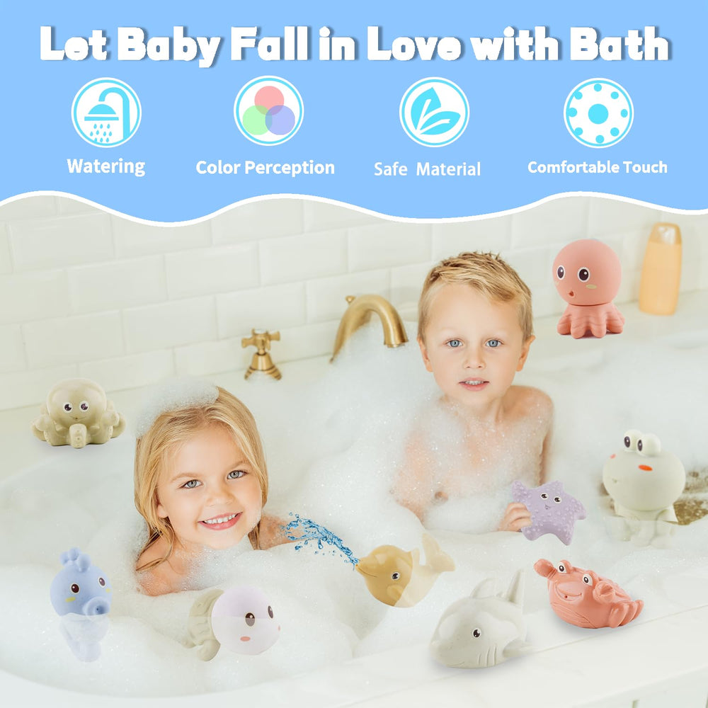 AMCHSURI whale bath toy provides bright colors for visual stimulation during bath.