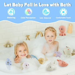 AMCHSURI whale bath toy provides bright colors for visual stimulation during bath.