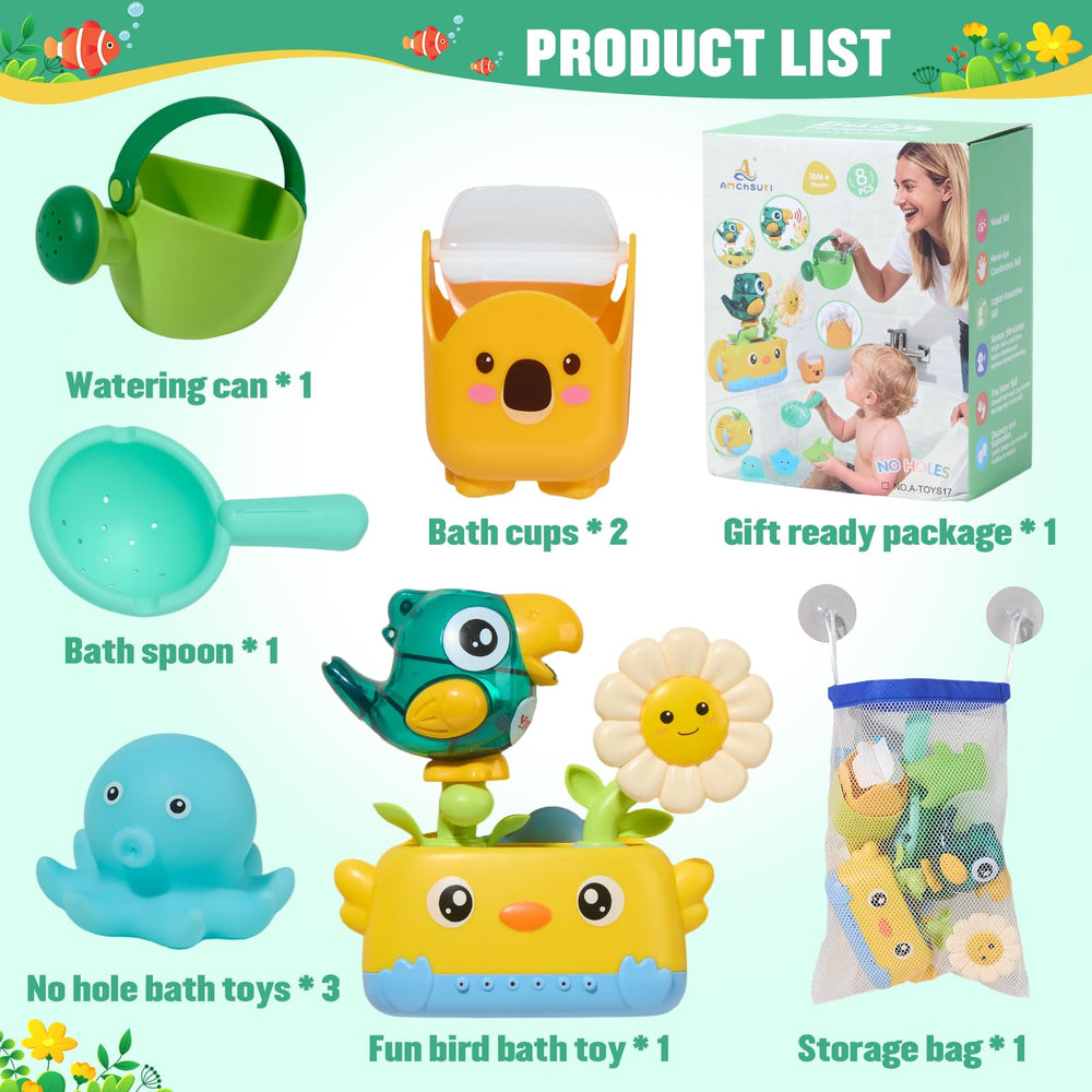 AMCHSURI rotating water spray cups enhance engaging bath play.
