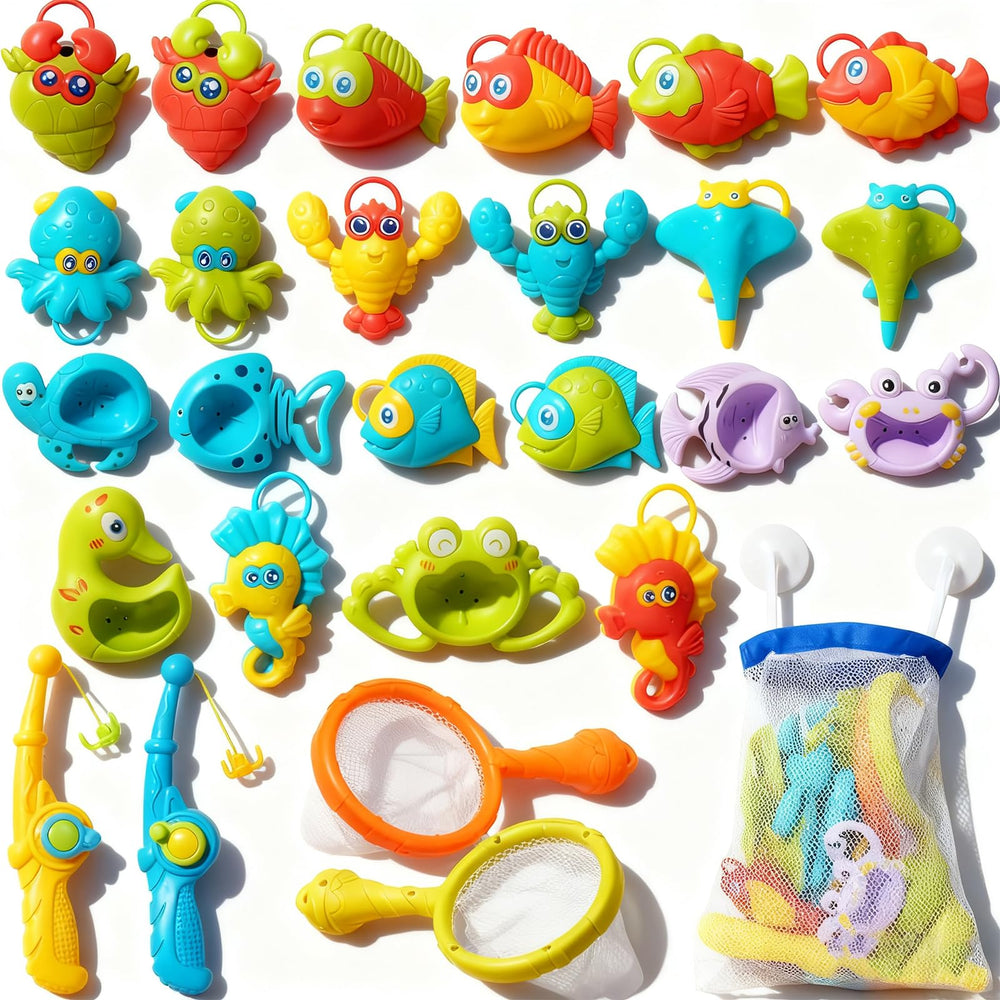 AMCHSURI fishing rods with toddler bath toys enable imaginative play.