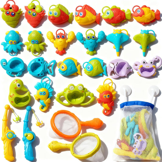 AMCHSURI fishing rods with toddler bath toys enable imaginative play.