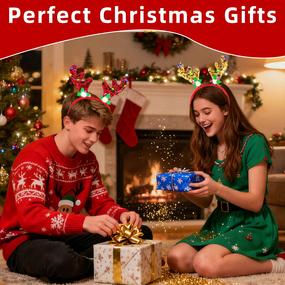 AMENON 3-pack LED Reindeer Headband with colorful sequin antlers enhances celebrations and fun.