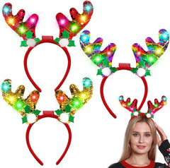 AMENON 3-pack LED Reindeer Headband with red sequin antlers lights up your holiday party.