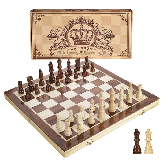 AMEROUS 15-inch magnetic wooden chess set with folding board for travel-friendly play.