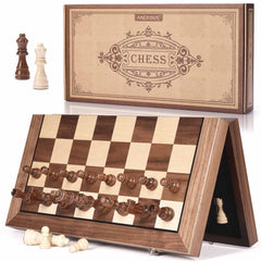 AMEROUS 15-inch magnetic wooden chess board with sturdy surface for steady play