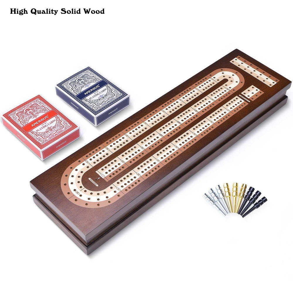AMEROUS three-track cribbage board with chrome, brass, and black pegs.