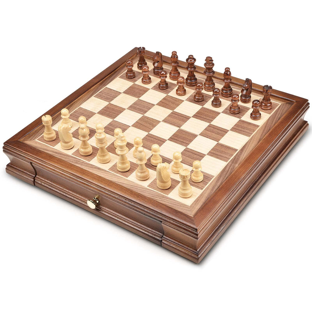 AMEROUS chess board with built in storage drawers for tidy piece organization.