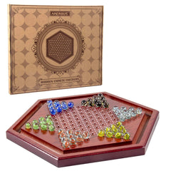 AMEROUS wooden Chinese checkers board with elegant natural wood finish.