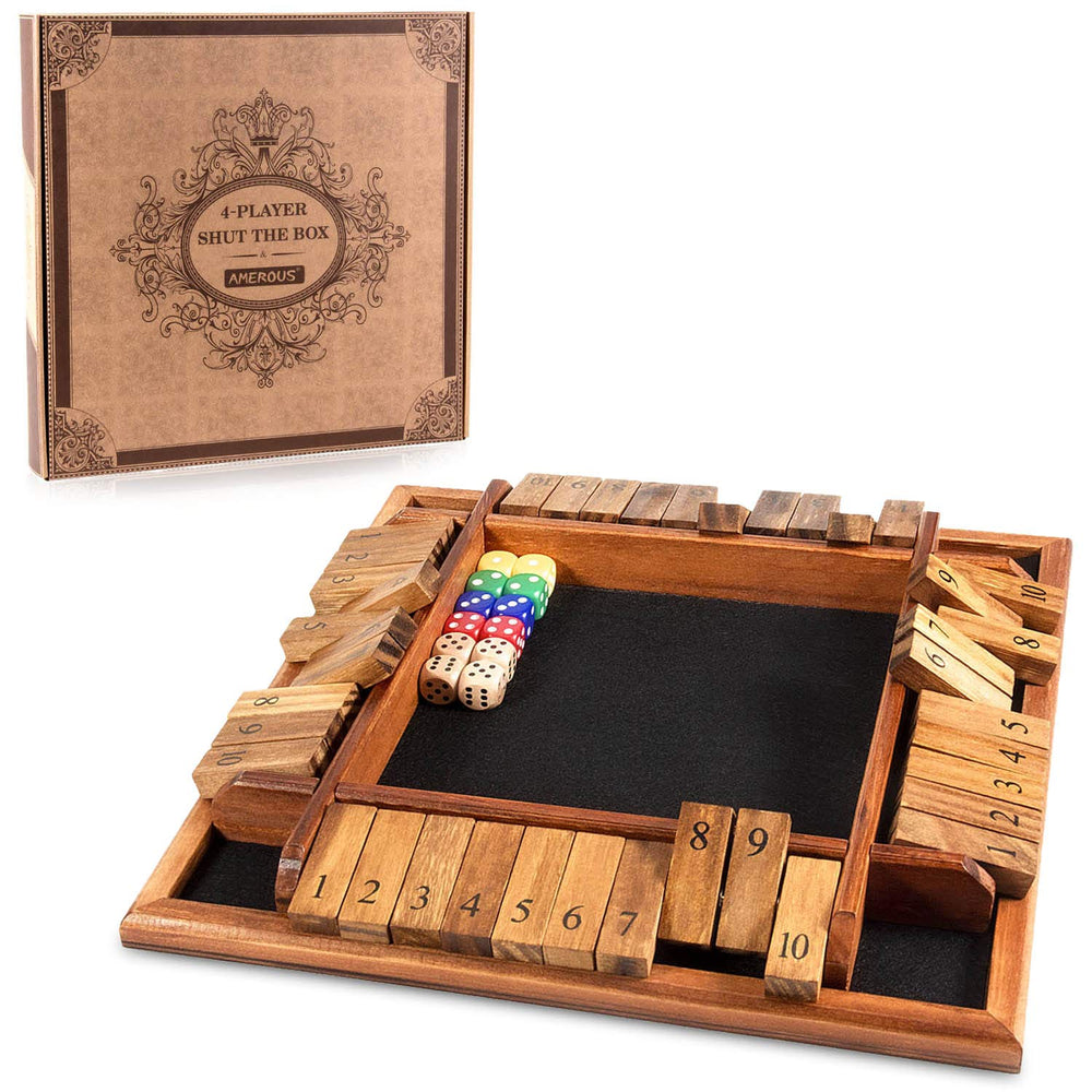 AMEROUS four-way shut the box board offers a durable wooden surface for family play.