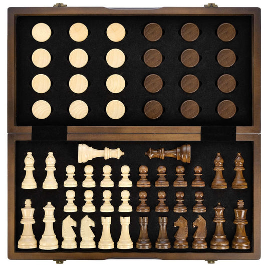 AMEROUS magnetic wooden chess board opened for on-the-go play with secure pieces