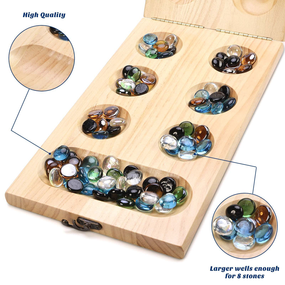 AMEROUS travel-ready Mancala board fits in bag and backpack.