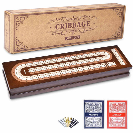 AMEROUS wooden cribbage board with magnetic lock for secure travel storage.