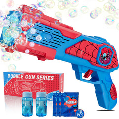 Amiabling Spider-Bubble Gun in action creating sparkling bubbles during outdoor play.