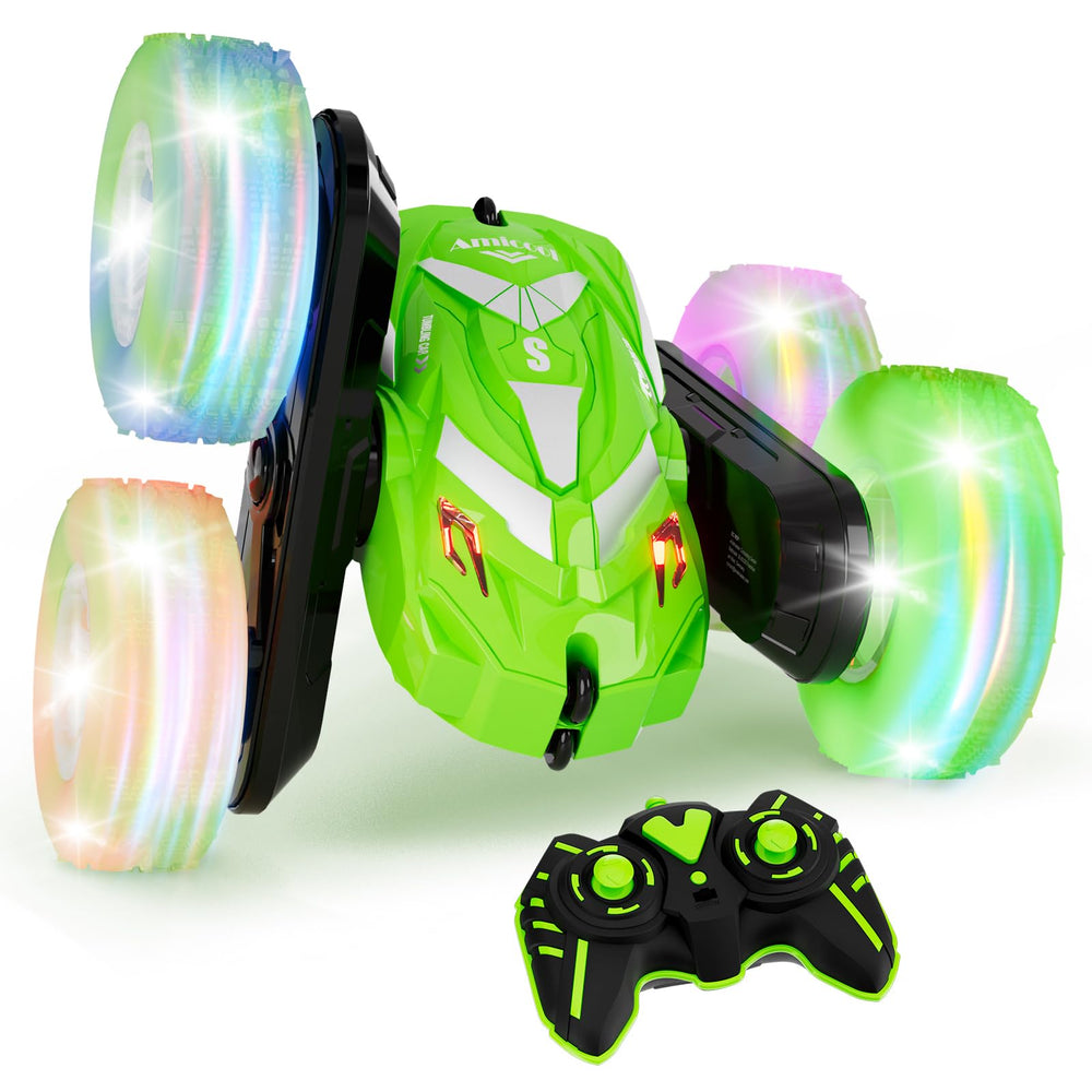 Amicool remote control car with flashing wheel lights for night visibility.