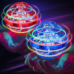 Amiline Flying Orb Ball Toy in red and blue front view with LED glow for indoor play.