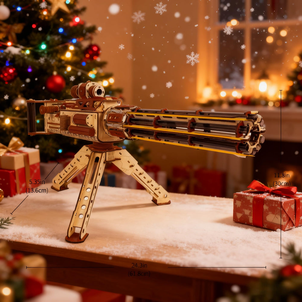 Amiyi wooden Gatling gun mechanism close-up with precise parts.