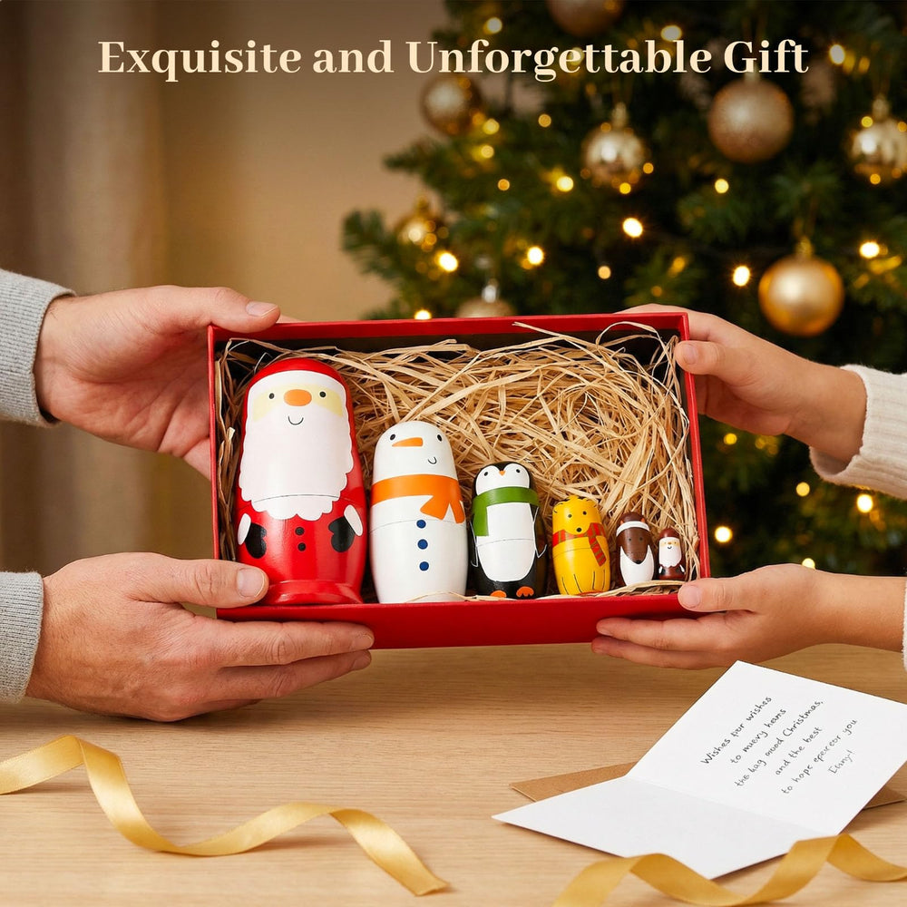 AMOR PRESENT 6pc nesting dolls with detailed hand-painted faces, showcasing artisanal craftsmanship.