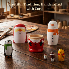 AMOR PRESENT hand-painted nesting dolls as a festive centerpiece celebrating family heritage.