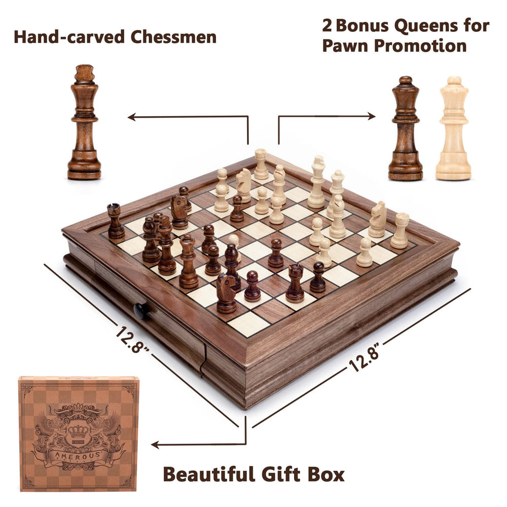 AMEROUS chess set featuring built-in storage drawers for tidy after-game storage