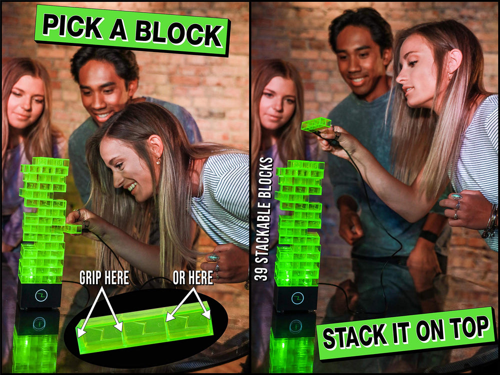 Amped Gamez ShiZap! Shock tweezers deliver a playful zap as blocks settle.