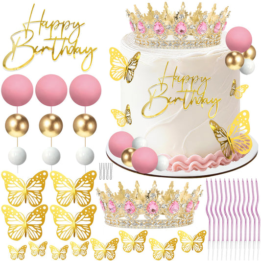 AMZVALU pink and gold crown cake topper with crystals and hairpins for elegant cake styling.