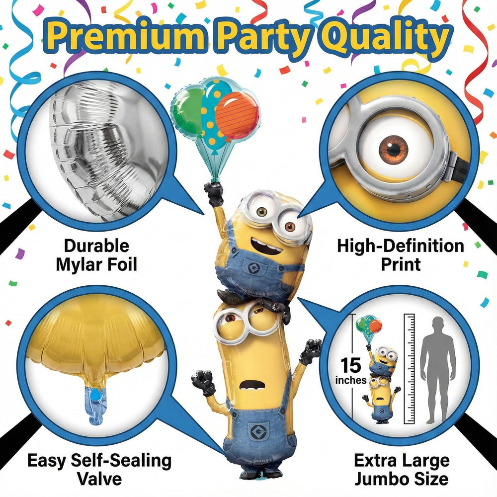 Anagram Minions Stacker Balloon serves as a fun festive backdrop.