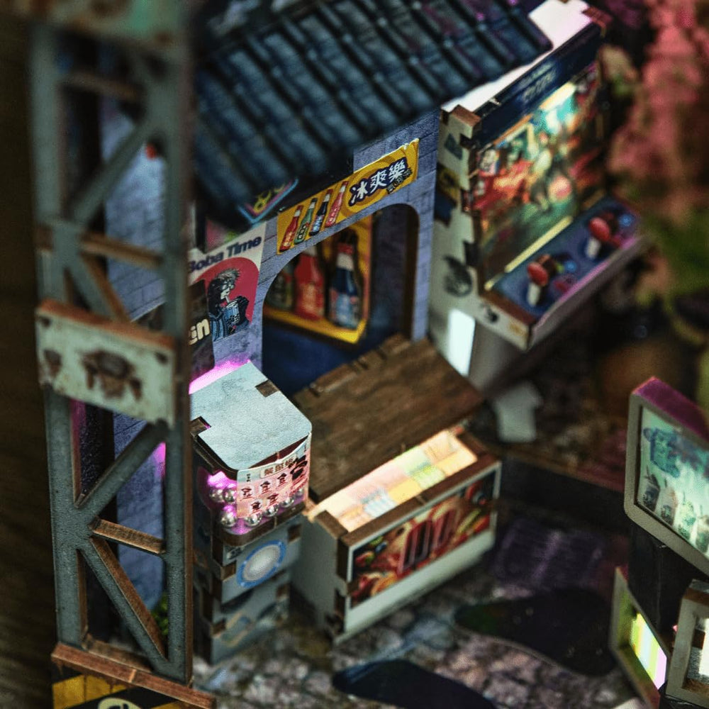 Anavrin Book Nook Kowloon materials blend wood, paper, acrylic for tactile detail.