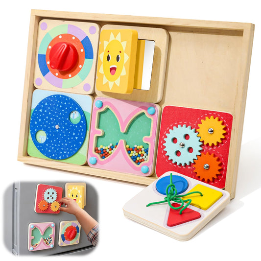 Ancaixin 6-in-1 Montessori Busy Board with magnetic tiles for versatile hands-on learning.