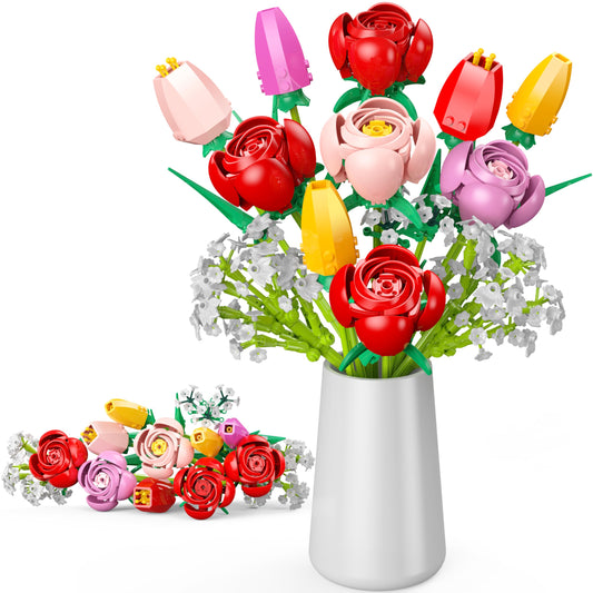 Ancesfun bouquet building set with roses and tulips for elegant home decor
