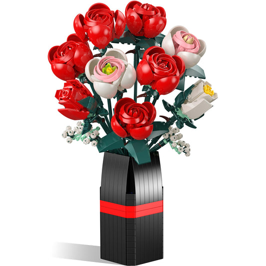 Ancesfun Roses Building Set with Vase: red and white roses for elegant home decor.