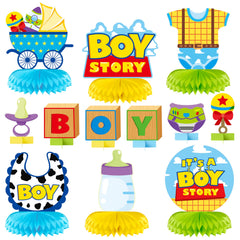 Andi Cppss Boy Story honeycomb centerpiece design 1 on party table, ideal for baby showers