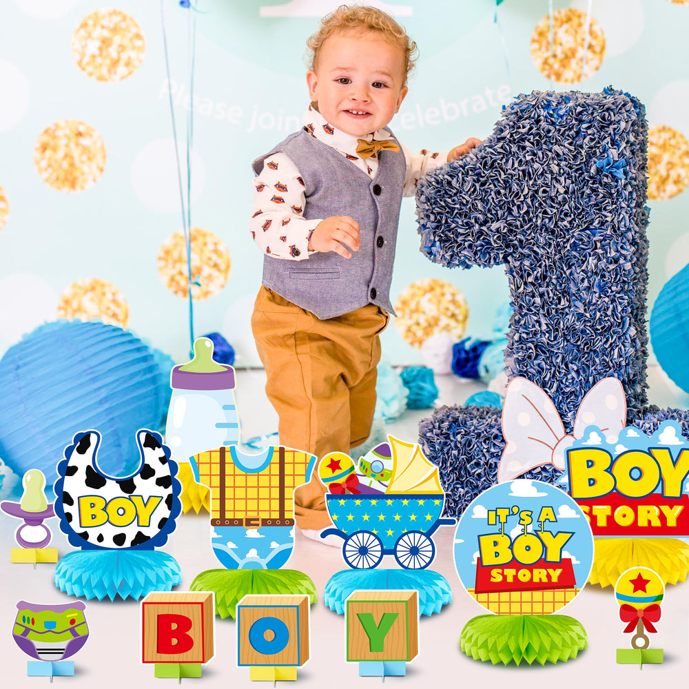 Andi Cppss Boy Story honeycomb centerpiece design 4 on table, bright yellow and blue accents