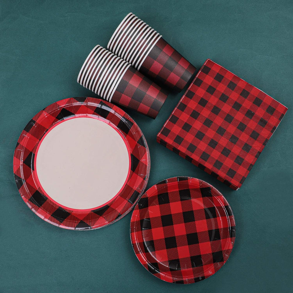 Aneco buffalo plaid packaging box, complete 122-piece set for 24 guests.