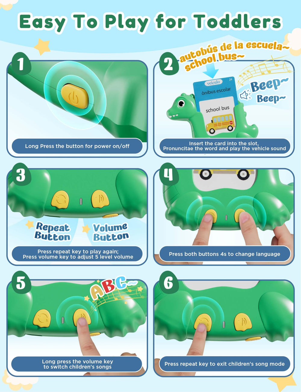 ANhovno clear pronunciation and fun animal noises support language recognition.