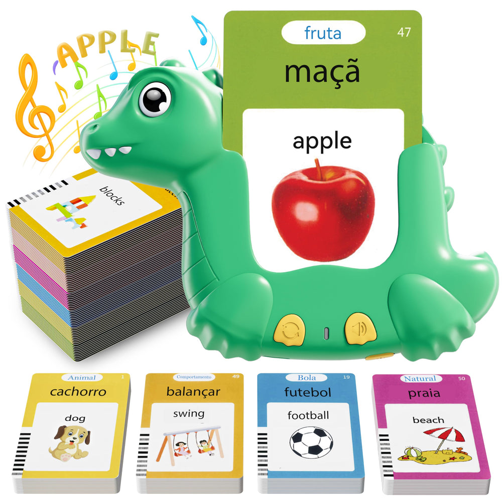 ANhovno dinosaur flash cards package for bilingual learning with vivid visuals.