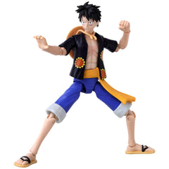 ANIME HEROES One Piece Luffy Dressrosa packaging features mosaic artwork and manga-inspired design.