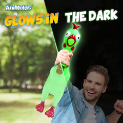 Animolds rubber chicken toy shown during a playful dog playtime session.