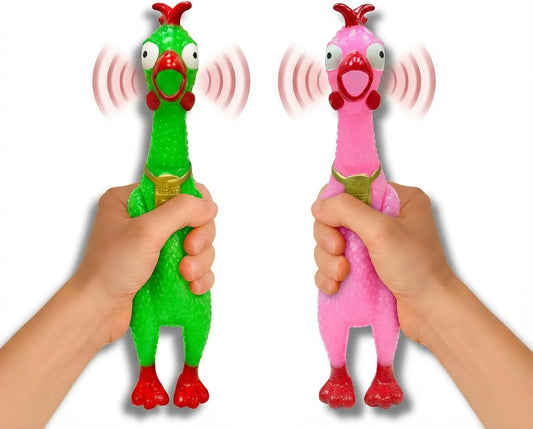 Animolds Squeeze Me Rubber Chicken Toy screams on squeeze for instant laughter.