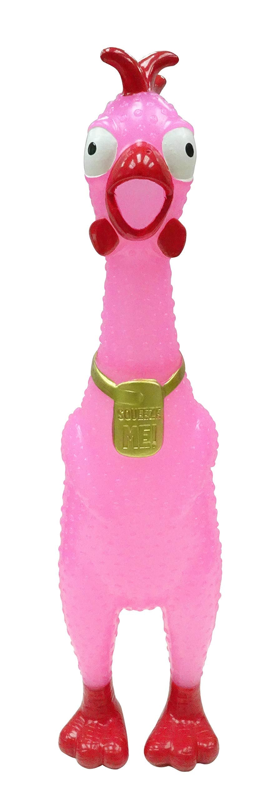 Animolds Squeeze Me rubber chicken toy, side view showing flexible texture.