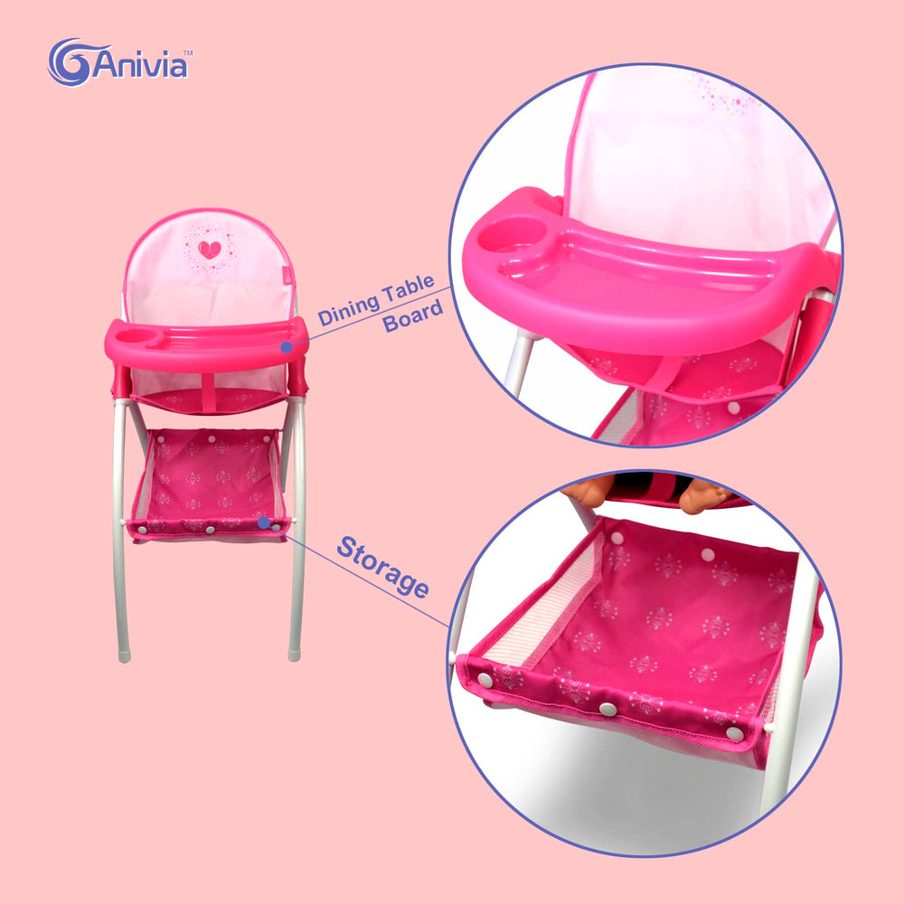 ANIVIA Baby Doll High Chair pink 16in-fit view for most dolls.